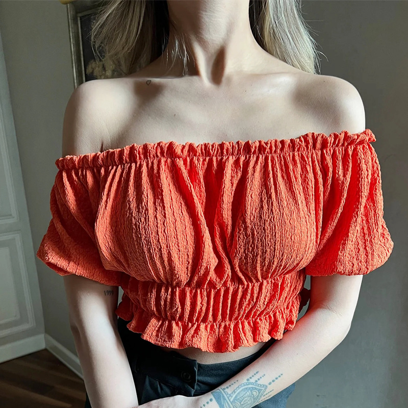 Women'S Fashion Solid Color Ruffled Wood Ear Trim Off Neck Cropped Top