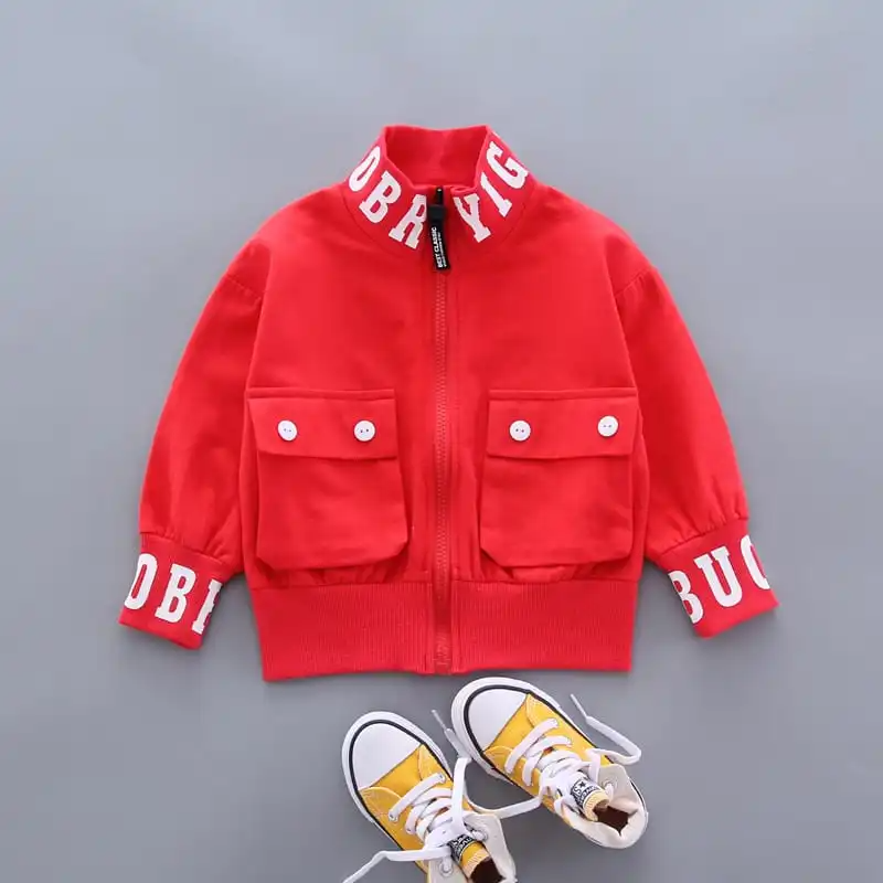 Kids Letter Pattern Pocket Design Zipper Coat