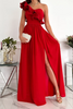 Women Elegant Solid Color One Shoulder Sleeveless Ruffle Side-Slit Dress