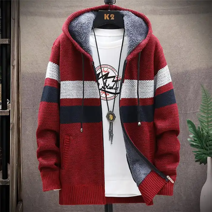 Men Fashion Color Blocking Zipper Hooded Knitwear Coat