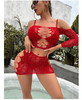 Women Sexy See-Through Mesh Solid Color Off-Shoulder Long Sleeve Top And Cut Out Skirt Nightclub Set ( 2 PCS )