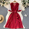 Women Casual Elegant Dot Printed Short Sleeves V-Neck Waist Belt Creased Mid-Length Dress