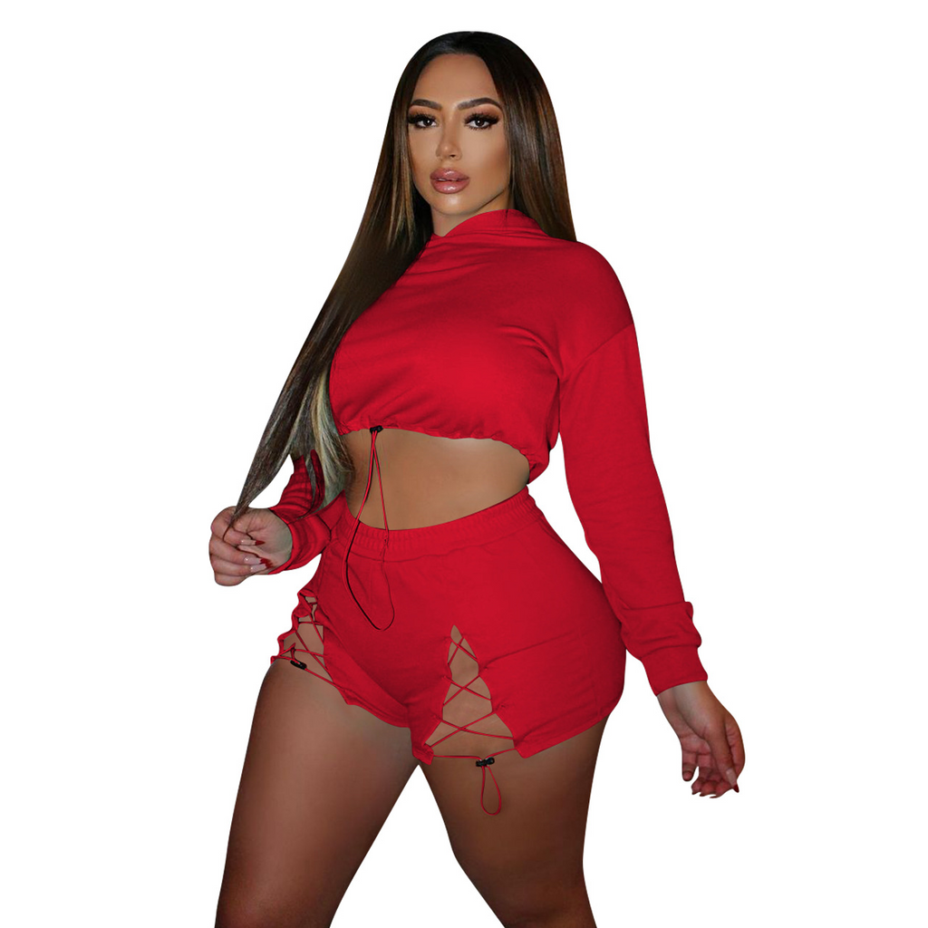 Women Fashion Athleisure Solid Color Cropped Hoodie And Split Lace-Up Shorts Sports Set