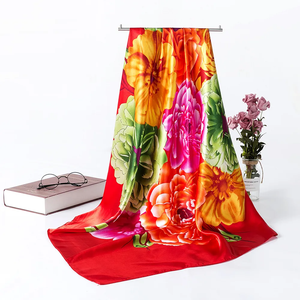 (Buy 1 Get 2 ) 90*90Cm Women'S Fashion Large Floral Print Silk Scarf