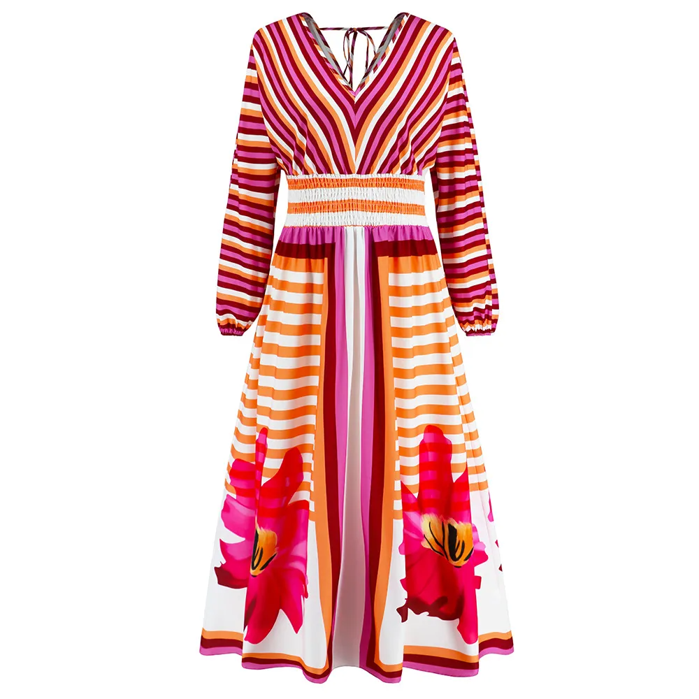 Ramadan /Eid Women Vintage Stripe Print Long Sleeve V-Neck Maxi Dress