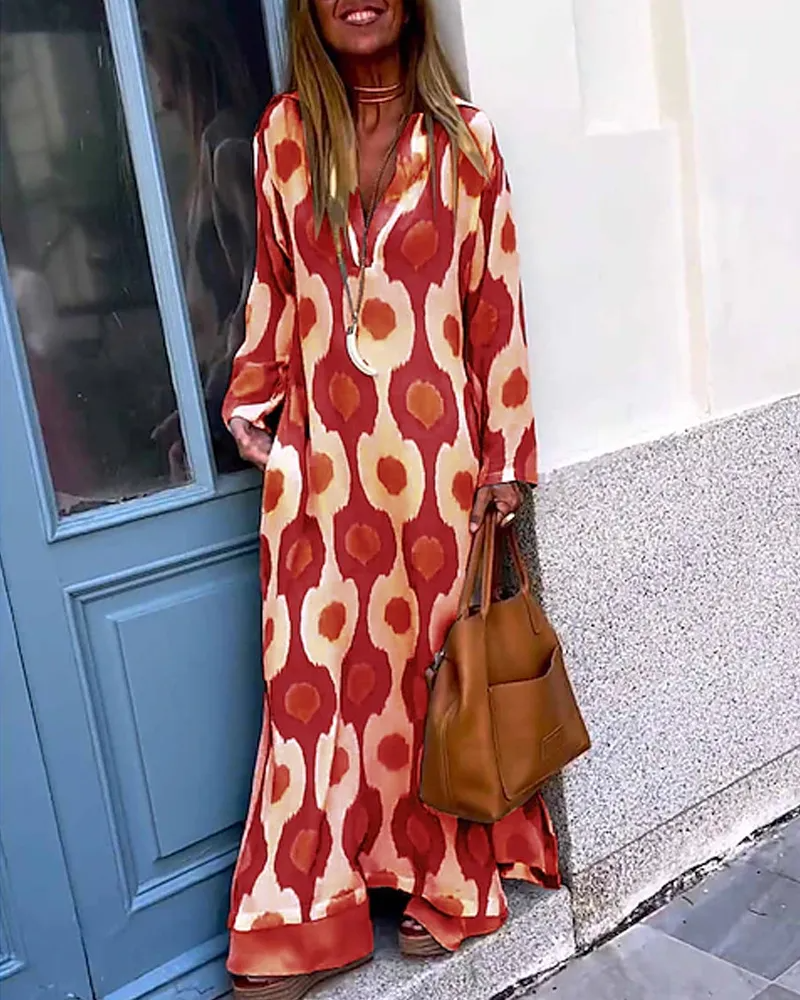 Ramadan /Eid Women Casual Boho Style Geometry Print Long Sleeve V Neck Loose Maxi Dress