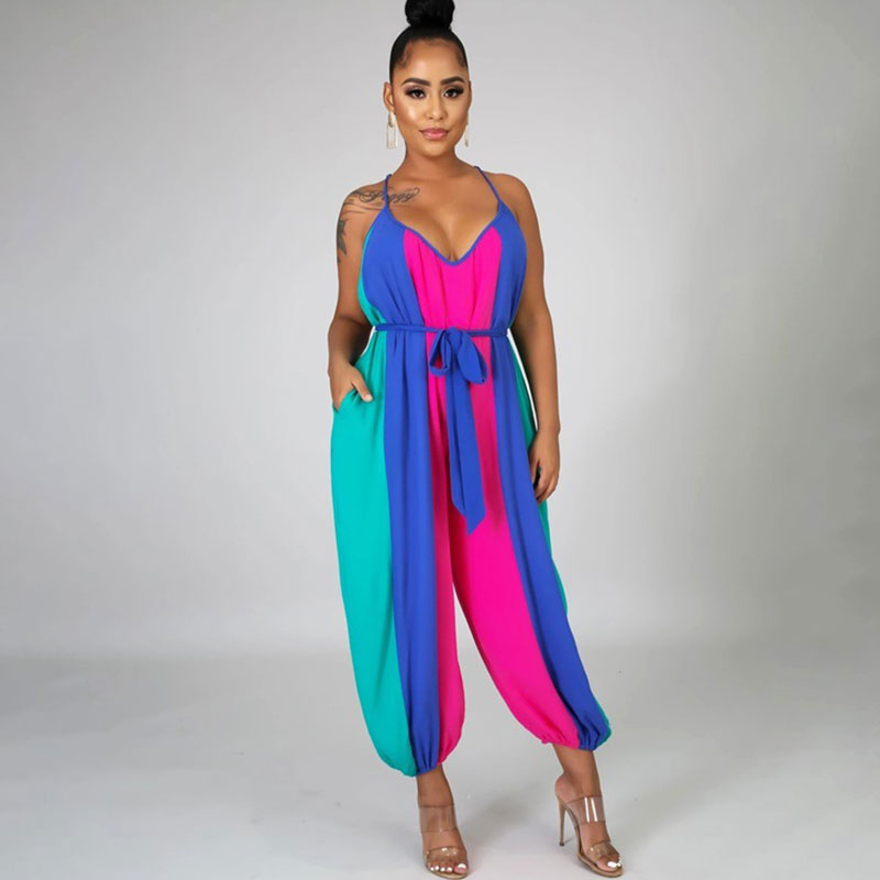 Women Casual Rainbow Print Loose Sling Lace-Up Jumpsuit