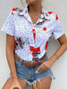 Women Summer Fashion Casual Short Sleeve Letter Print Buttoned Lapel Shirt Blouse