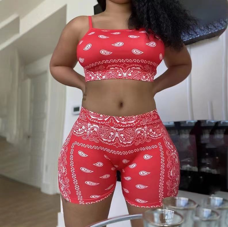 Fashion Paisley Printed Cropped Camis Tight Shorts Two-Piece Set