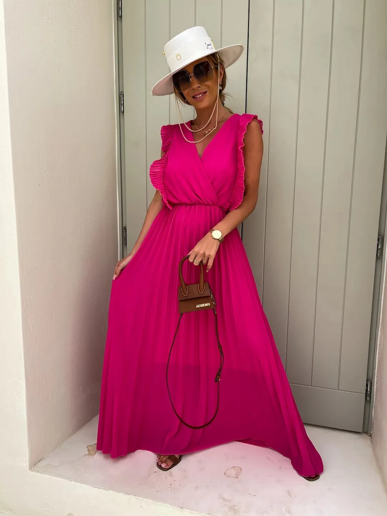 Women Elegant Solid Color Sleeveless Ruffled V Neck Maxi Party Vacation Dress