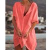 Women Fashion Casual Solid Color Beach Vacation Short Sleeve Loose Blouse Coverup