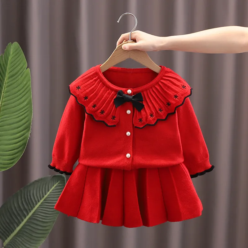 Kids Toddler Girls Autumn Winter Fashion Casual Simple Solid Color Bow Pearl Button Lapel Sweater Pleated Skirt Set