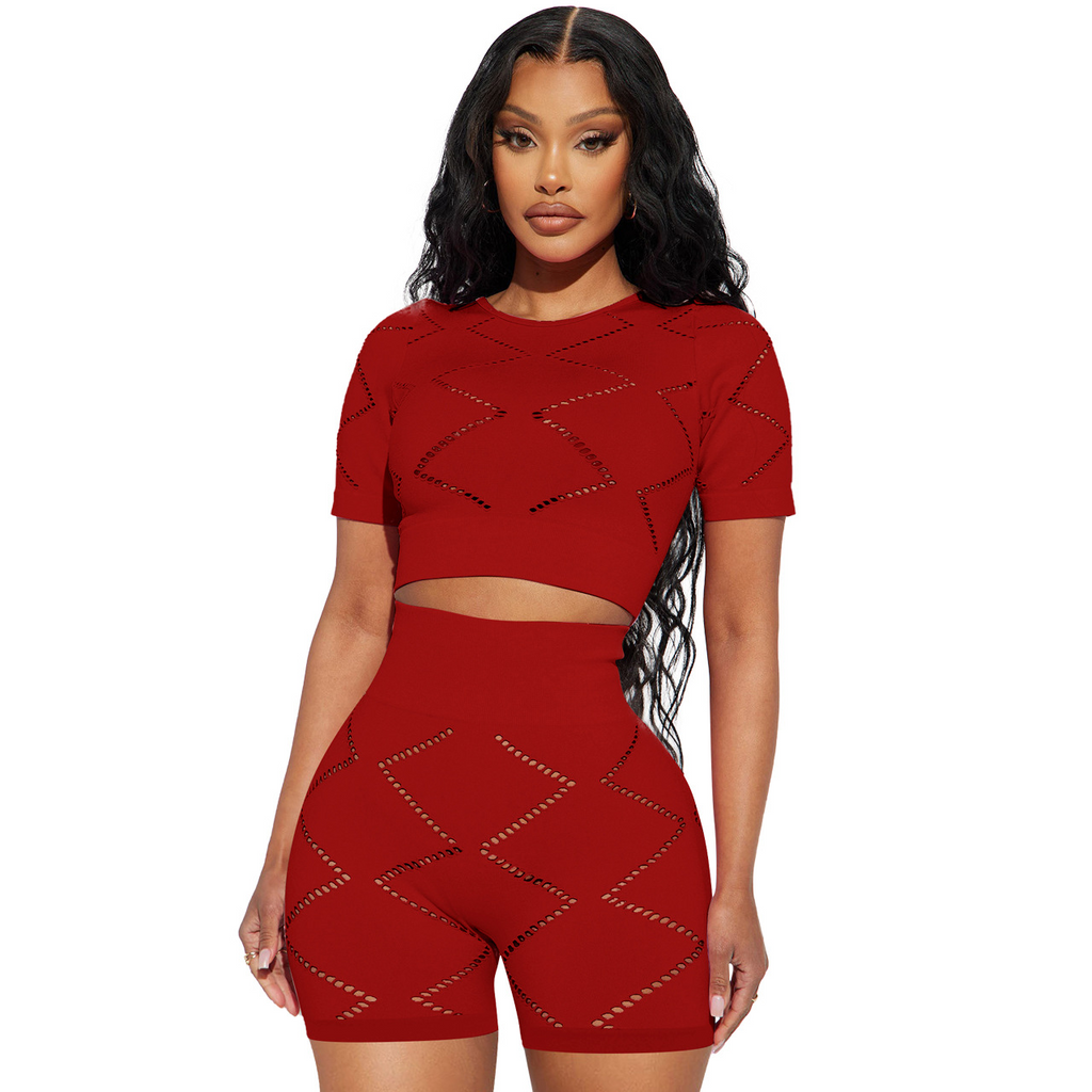 Women Fashion Casual Solid Color Hollow Short Sleeve Crop Top And Shorts Two-Piece Set