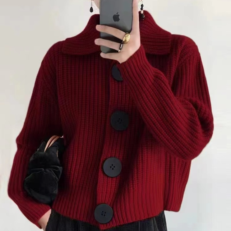 Women Fashion Winter Solid Color Button Lapel Knitted Sweater