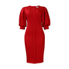 Women Fashion Casual Elegant Solid Color Round Neck Puff Sleeve Defined Waist Dress