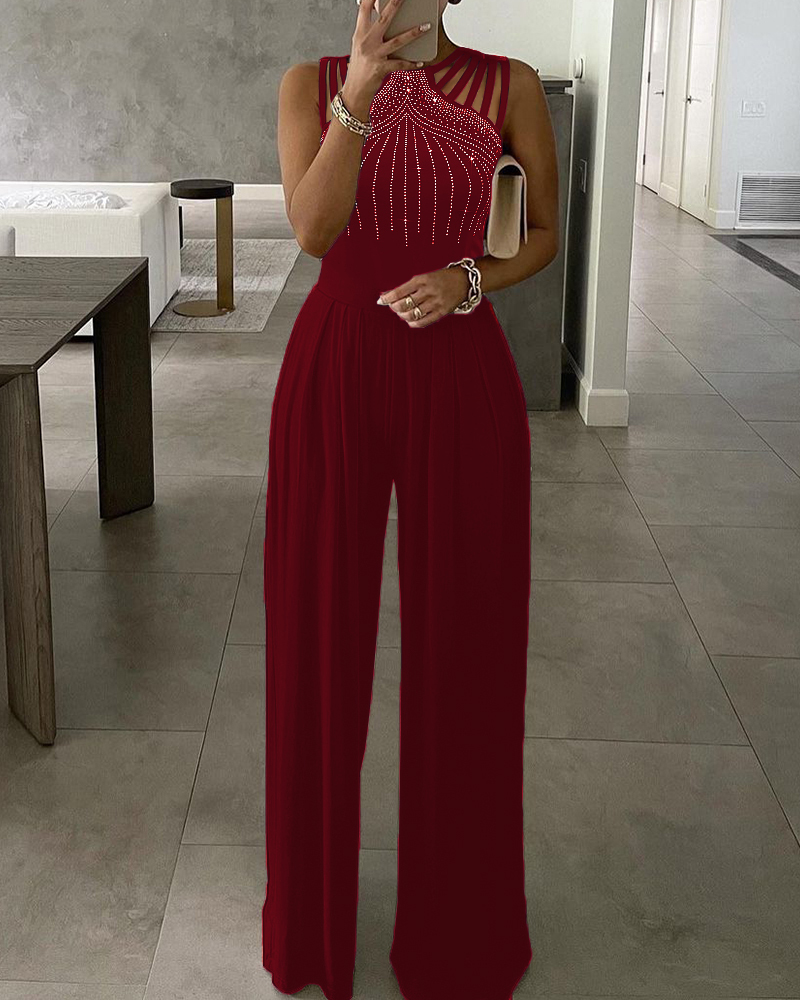 Women Sexy Elegant Cut Out Casual Sleeveless Rhinestone Wide Leg Jumpsuits