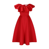 Women Fashion Elegant Solid Color Ruffled Neck Short Sleeve Defined Waist Dress