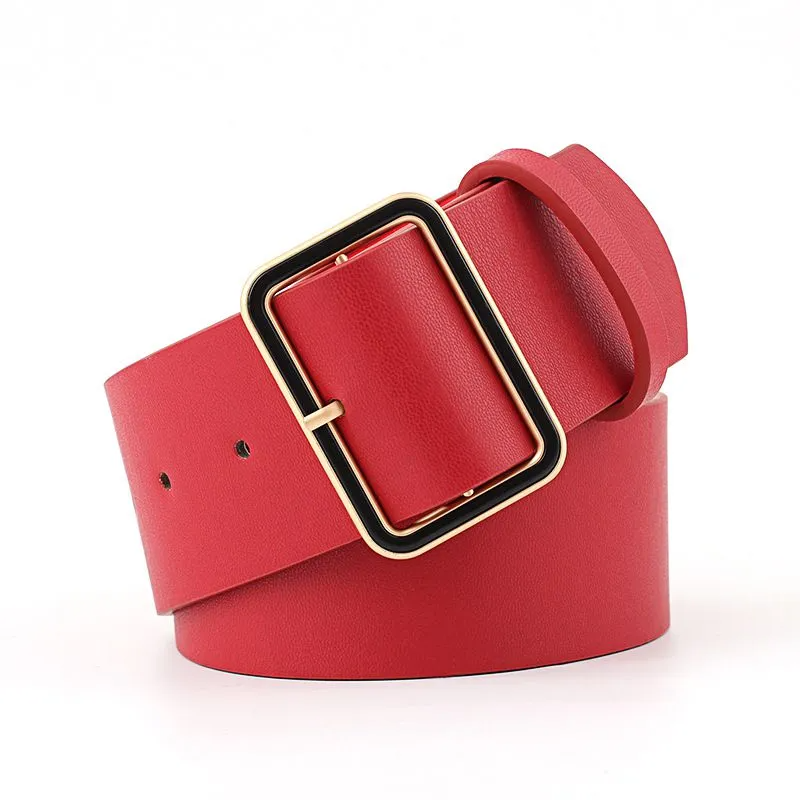 Women Good Quality PU Leather Classic Square Shape Metal Buckle PU Belt