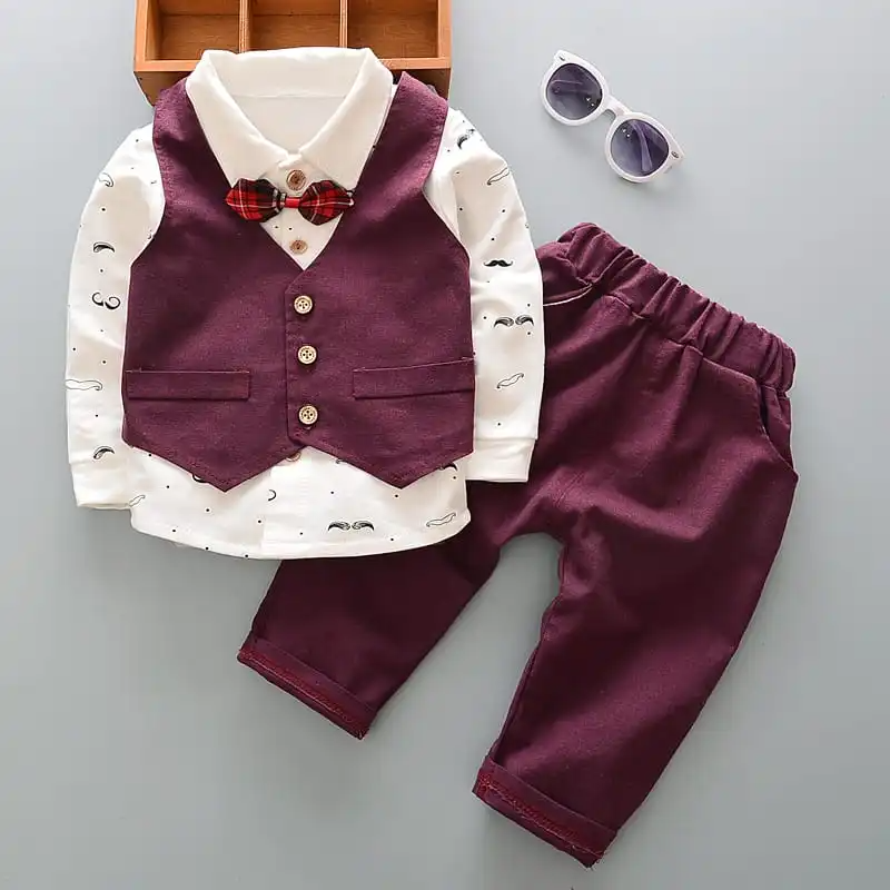 Boys Moustache Pattern Lapel Shirt Single-Breasted Vest And Pants Set