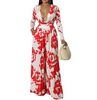 Fashion Casual Floral Printed Sexy V-Neck Long-Sleeved Blouse Wide-Leg Pants Two-Piece Set