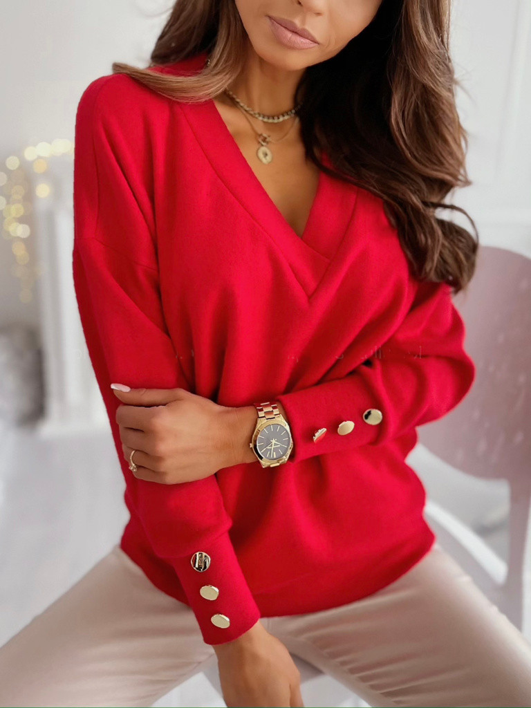 Women Fashion Simple Solid Color Long-Sleeved V-Neck Button Sweatshirt