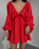 Women Fashion Casual Solid Color V Neck Long Sleeve Dress