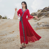 (Buy 1 Get 1) Ramadan /Eid Women Vintage Casual Vacation Chiffon V-Neck Long Flare Sleeve Lace-Up Red Maxi Dress