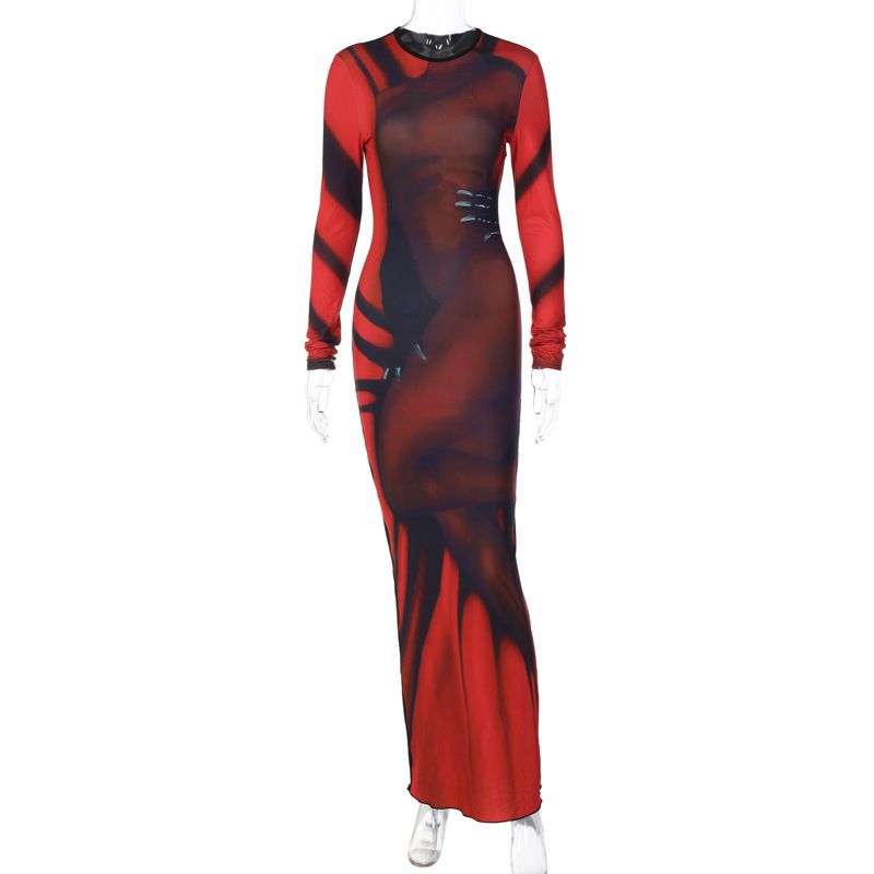 Women'S Fashion Sexy Color Blocking Printing Slim Long Sleeve Hip Wrap Dress