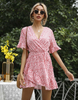 Women Fashion Casual Tiny Flower Printing V-Neck Flare Sleeve Ruffled Dress