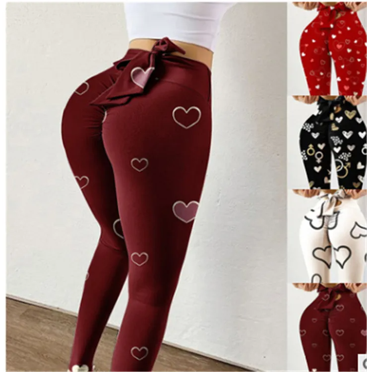 (Buy 1 Get 2) Women Fashion Casual Heart Printed Bow High Waist Hip Yoga Pants