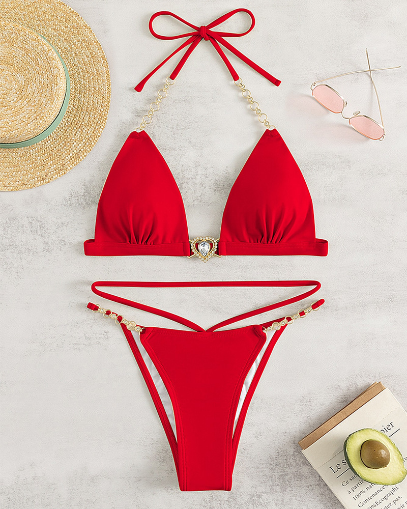 Women'S Sexy Solid Color Chain Triangle Bikini Swimsuit Two-Piece Set