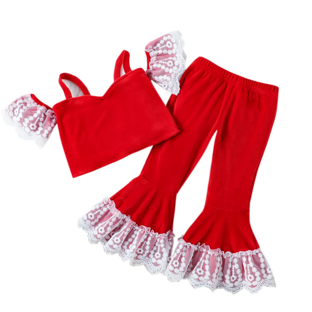 Christmas Children Kids Toddler Girls Sweet Lace Ruffle Sleeves Tops And Flared Pants 2pcs Set