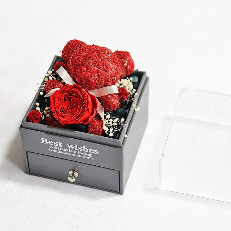 (Buy 1 Get 1) Valentine Day Immortal Rose Bear Drawer Necklace Ring Jewelry Box