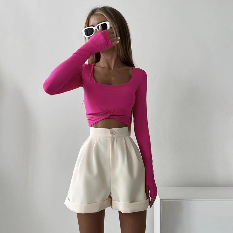 Women Summer Casual Basic Solid Color Knotted Long Sleeve Square Neck Crop Top