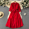 Women Elegant Boho Vacation Solid Color Embroidered Hollow Slim Cropped Sleeve Lace-Up Mid-Length Dress