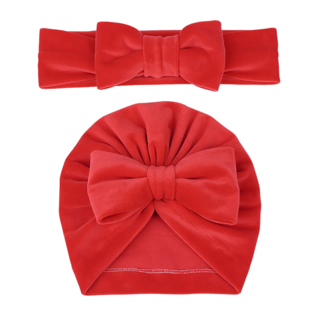 Mother And Child Simple Solid Color Bowknot Velvet Hat Two-Piece Set