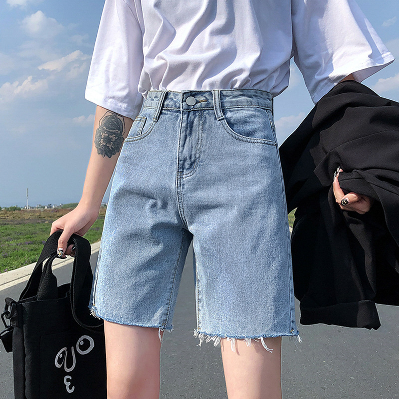 Women Loose Retro Raw Edge Straight Jean Wide Leg Denim Shorts