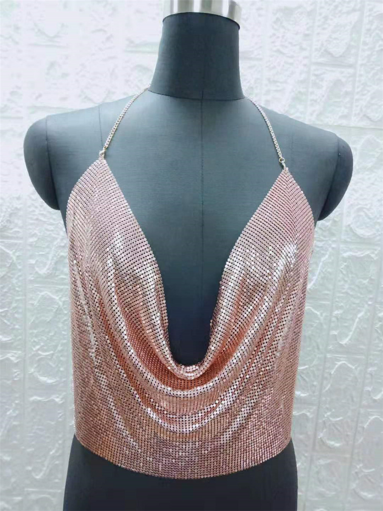 Women'S Sexy Backless Metallic Sequins Tethered Camisole Top