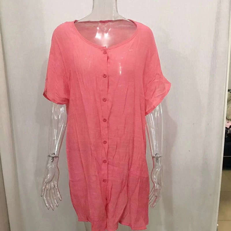 Women Fashion Casual Solid Color Beach Vacation Short Sleeve Loose Blouse Coverup