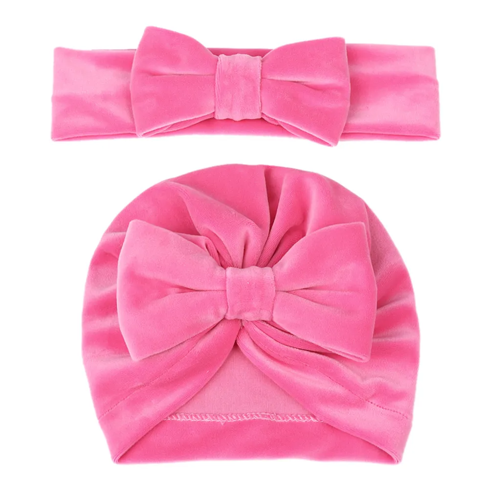 Mother And Child Simple Solid Color Bowknot Velvet Hat Two-Piece Set