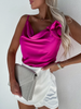 Women Fashion Simple Elegant Solid Color Satin Flower Design Camis Overlap Shorts Set