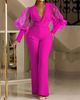 Women Solid V-Neck Mesh Panel Long Sleeve Neck Waist Casual Jumpsuit