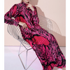 Women Elegant Vacation Loose Stand Collar Pleated Long Sleeves Printed Chiffon Dress