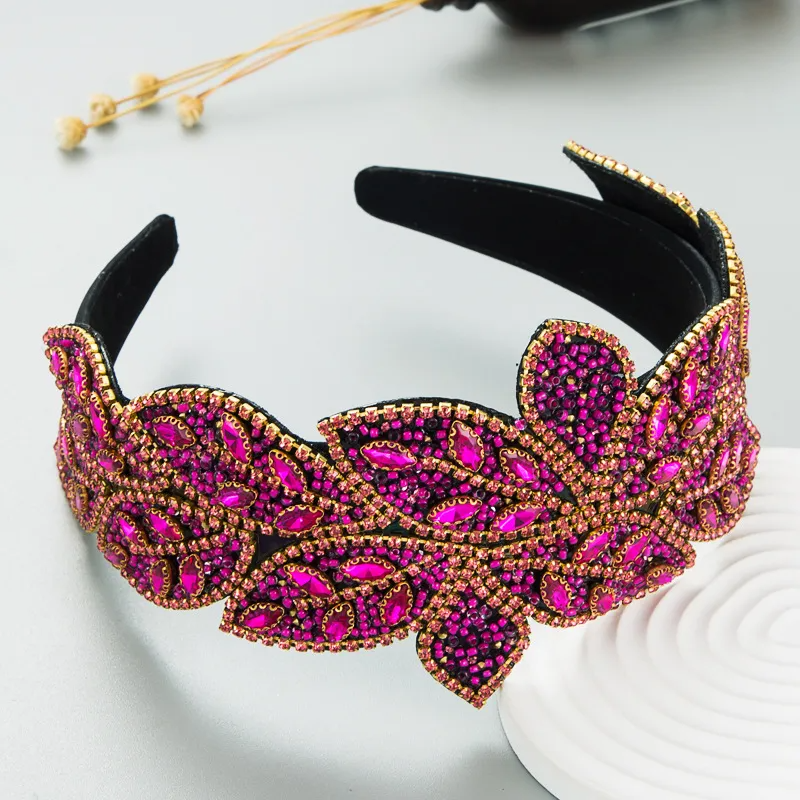 Retro Wide-Brimmed Leaf Shape Rhinestone Rice Bead Headband