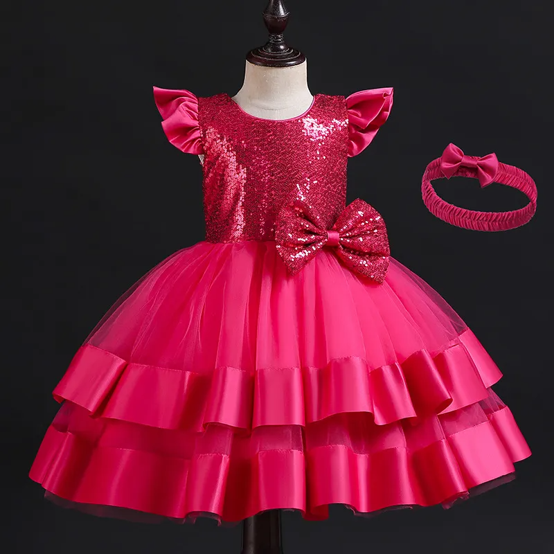 (Buy 1 Get 1) Kids Baby Girls Summer Fashion Party Cute Sweet Solid Color Sequins Bow Pleated Mesh Party Tutu Dress