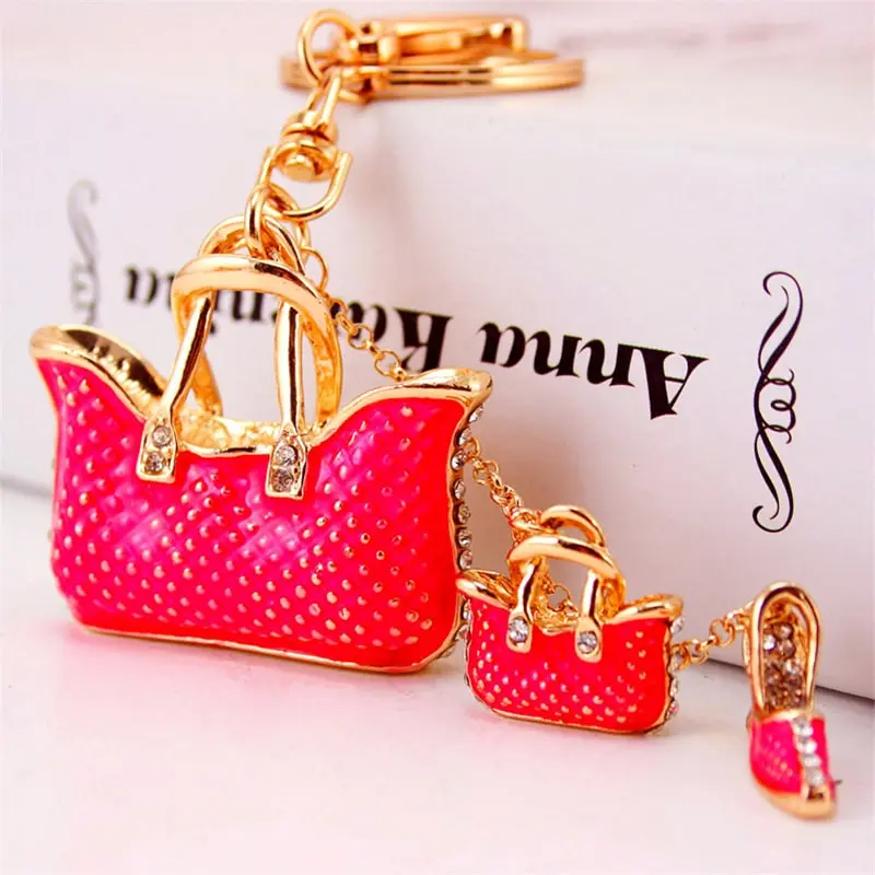 3pcs/Set Women Creative Bag And High Heel Shape Design Rhinestone Alloy Key Chain