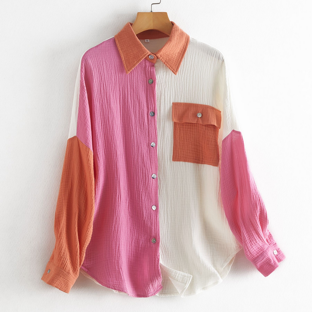 Women Fashion Summer Blocking Color Loose Long Sleeve Shirt Blouse