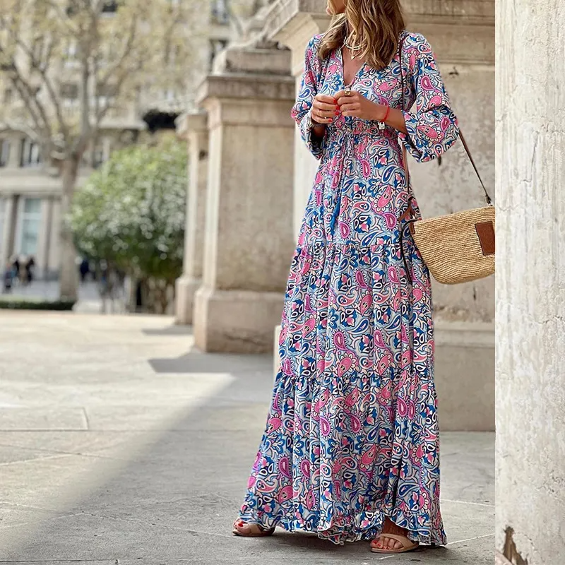 Ramadan /Eid Women Fashion Casual Bohemian Print Long Sleeve Maxi Dress