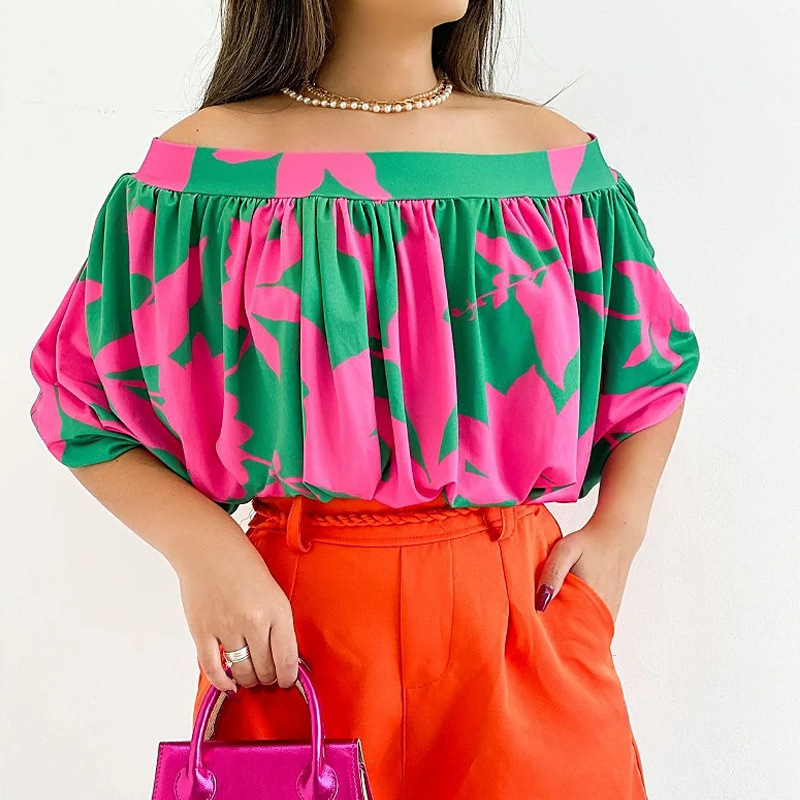 Women'S Fashion Color Contrast Pleated Off Shoulder Shirt