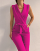 Women Solid Color Defined Waist Button V-Neck Sleeveless Slim Jumpsuits Work Clothing